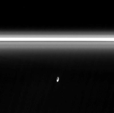 Prometheus colliding with the F Ring. Credit: NASA/JPL/Space Science Institute