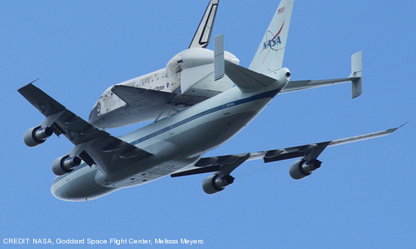Discovery piggybacks on a Boeing 747 CREDIT: NASA, Goddard Space Flight Center, Melissa Meyers May 2012
